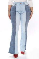 She's Trouble Two Tone Flare Jeans - Medium Blue Wash Ins Street